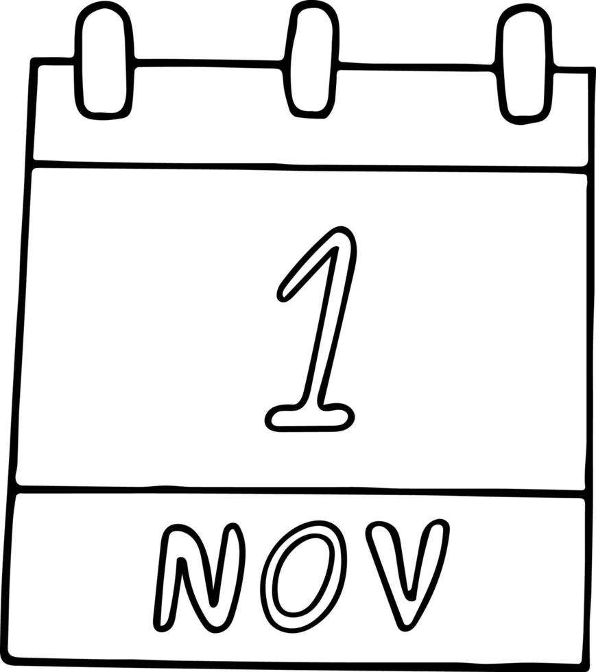 calendario dibujado a mano en estilo garabato. 1 de noviembre. día mundial vegano, todos los santos, fecha. icono, elemento adhesivo para el diseño. planificación, vacaciones de negocios vector