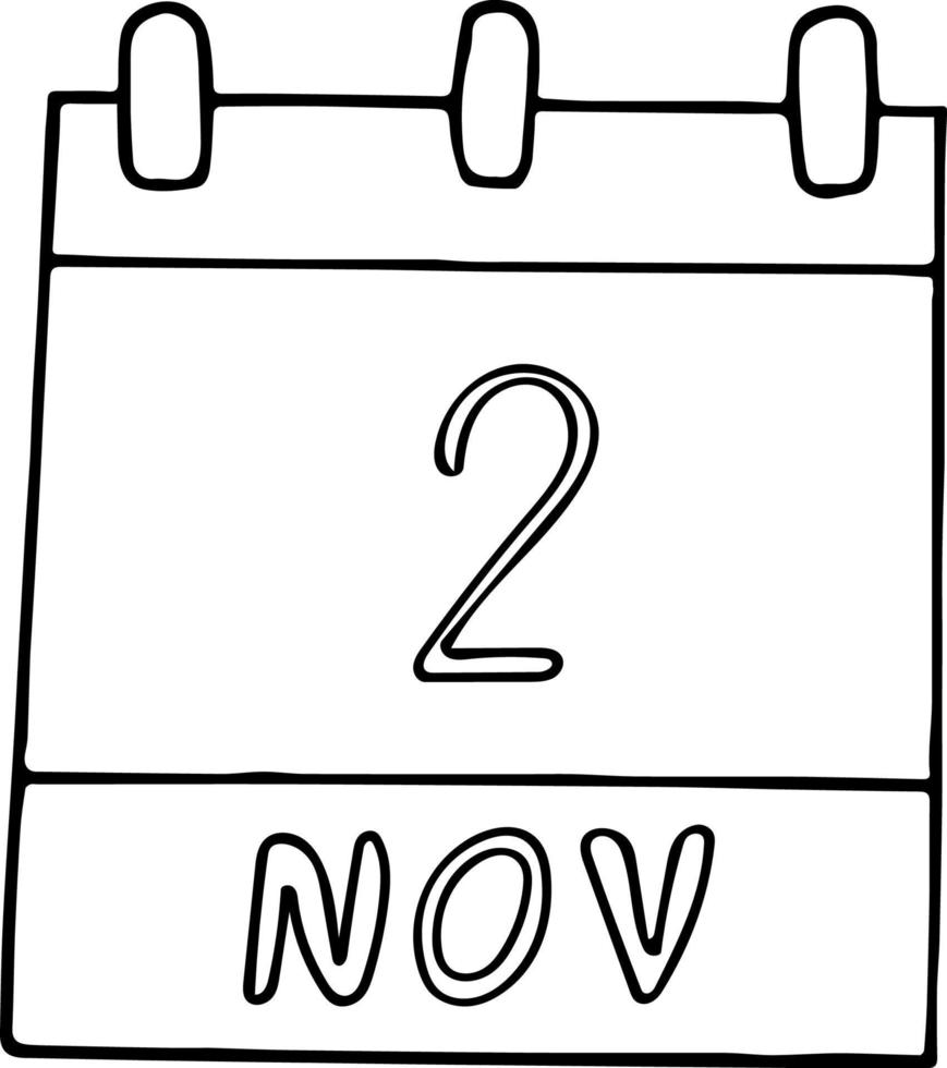 calendario dibujado a mano en estilo garabato. 2 de noviembre. día internacional para poner fin a la impunidad de los crímenes contra periodistas, fecha. icono, elemento adhesivo para el diseño. planificación, vacaciones de negocios vector