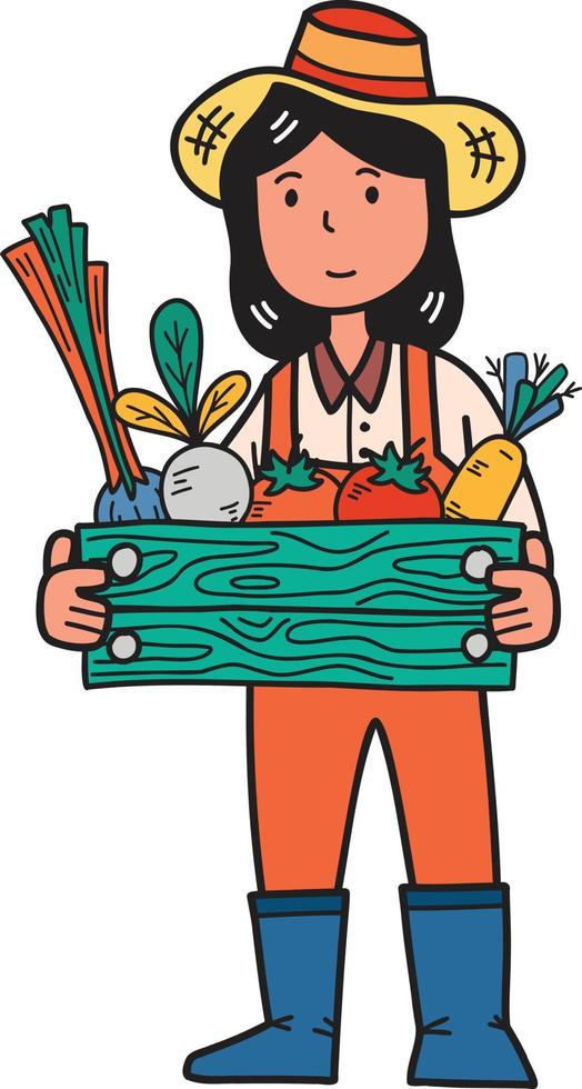 Hand Drawn female farmer holding a basket of vegetables illustration vector