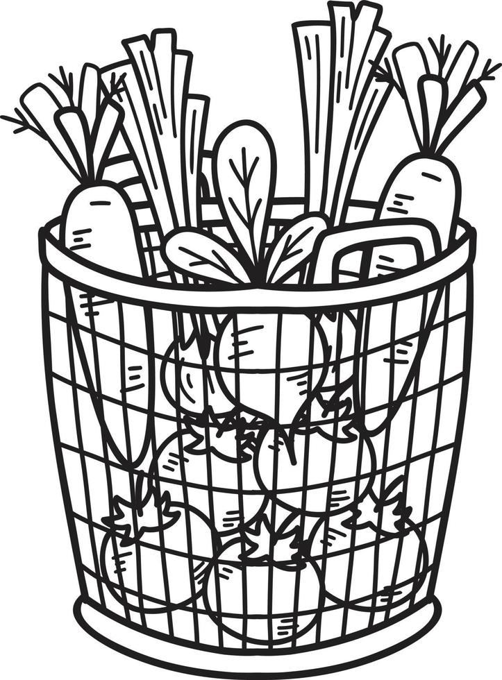 cesta dibujada a mano con frutas y verduras dentro de la ilustración vector