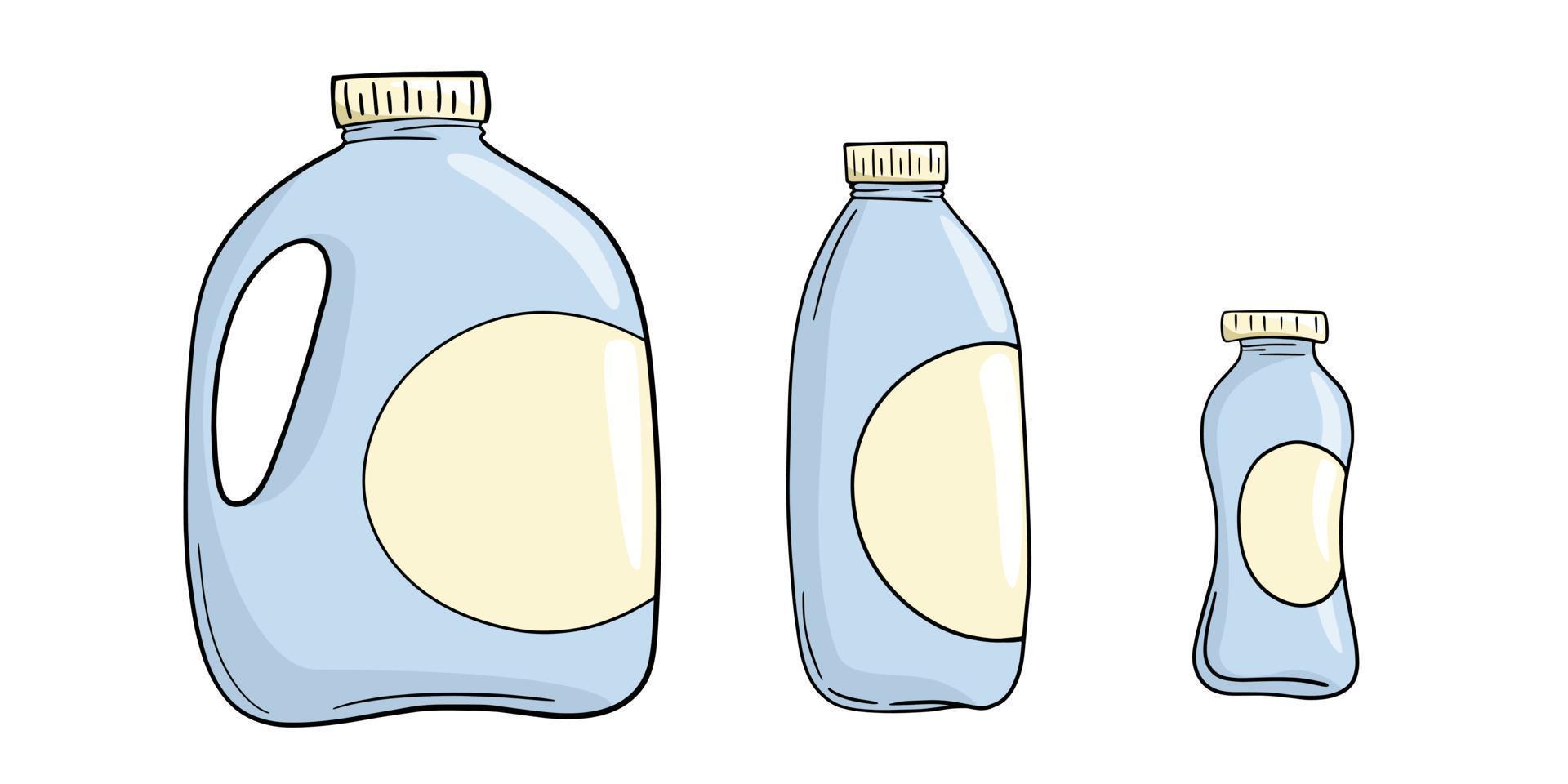 un conjunto de ilustraciones, varios recipientes de plástico ligero con leche, una botella de leche, una ilustración vectorial en estilo de dibujos animados sobre un fondo blanco vector