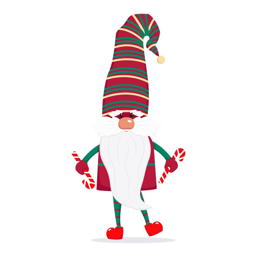 un lindo gnomo barbudo con una gorra con piruletas en las manos, un personaje navideño de cuento de hadas. ilustración vectorial en estilo plano vector