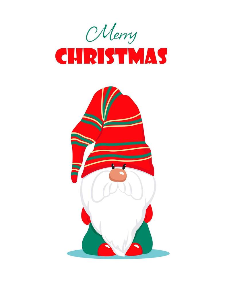 Christmas greeting card with a cute bearded gnome. Winter holiday character. Vector illustration in flat style. Merry Christmas