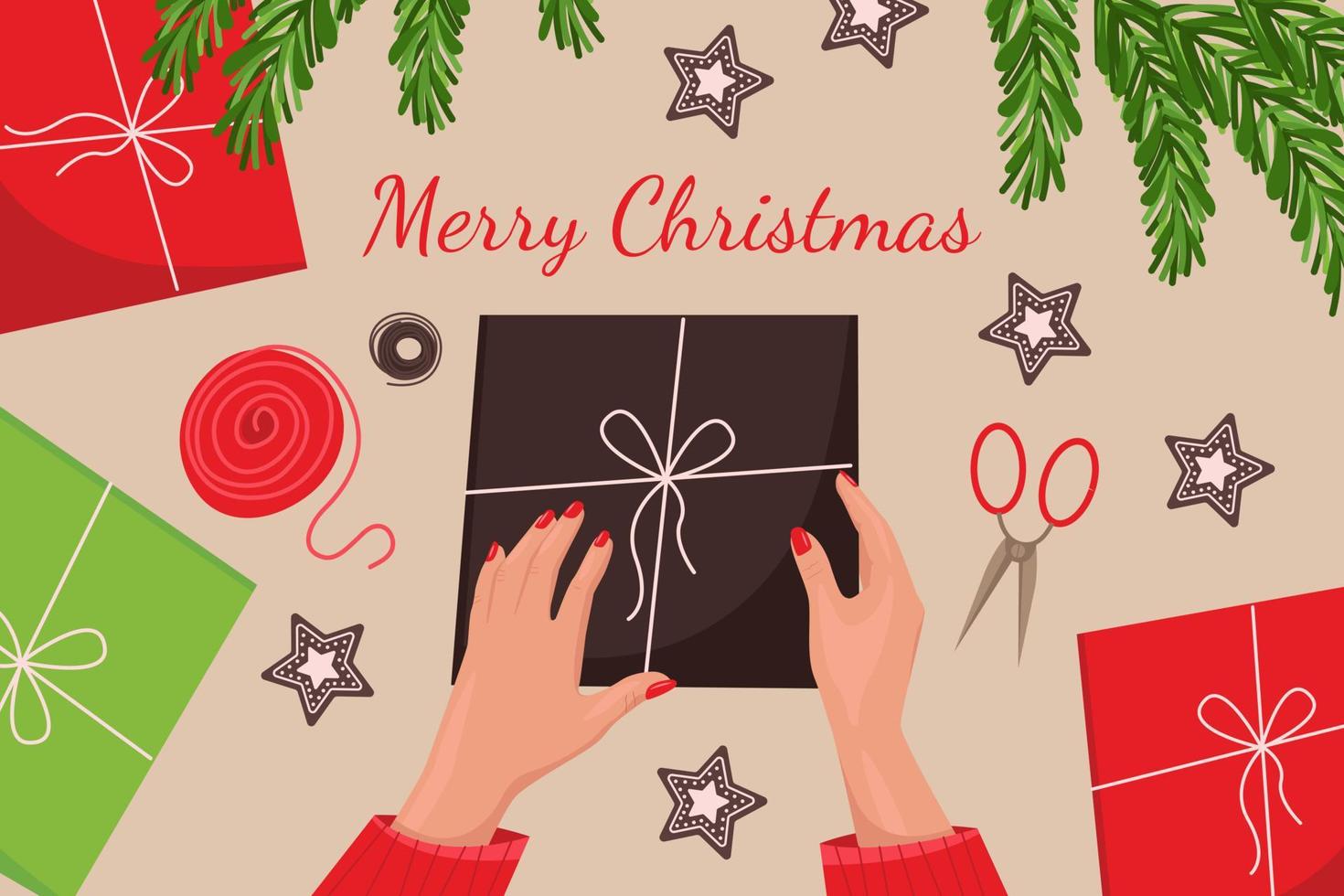 envolviendo cajas de regalo para navidad y año nuevo, vista superior, galletas de jengibre, ramas de árboles de navidad, regalos, manos femeninas con manicura roja. ilustración vectorial en estilo plano vector