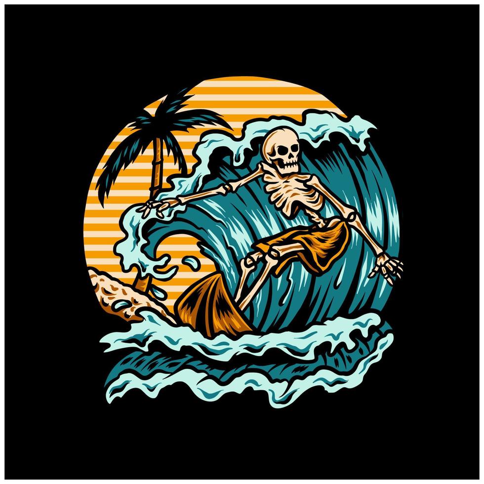 diseños vectoriales de camisetas de surf. ilustración del logotipo vectorial con surfista esqueleto. emblema de surf vintage para diseño web o impresión. vector