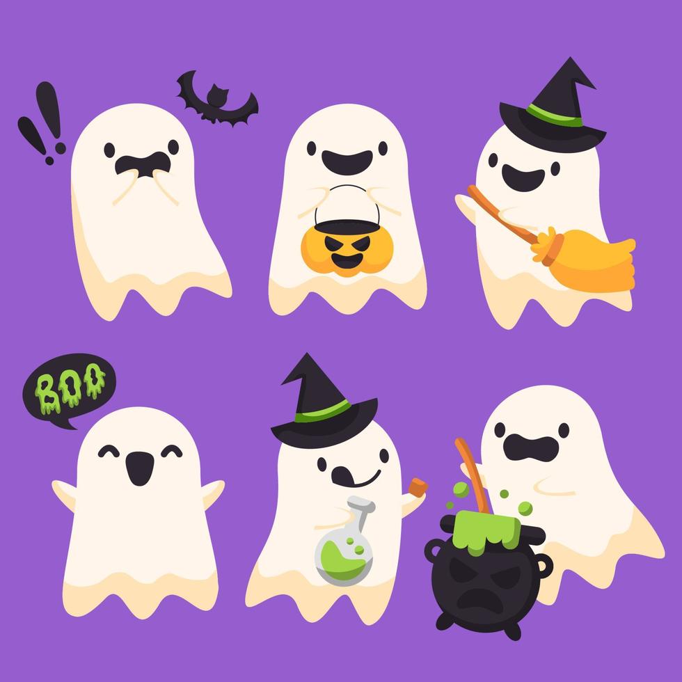 Hand drawn flat Halloween ghosts collection. vector