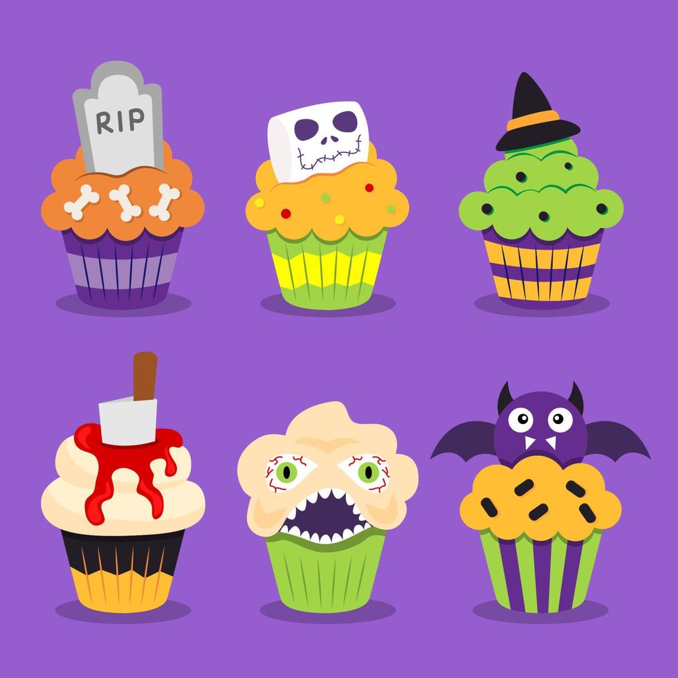 Cute and delicious Halloween cupcakes set. vector