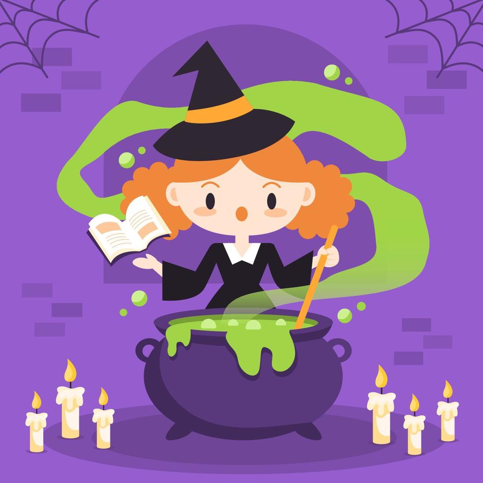 Cute Halloween witch making a spell in cauldron. vector