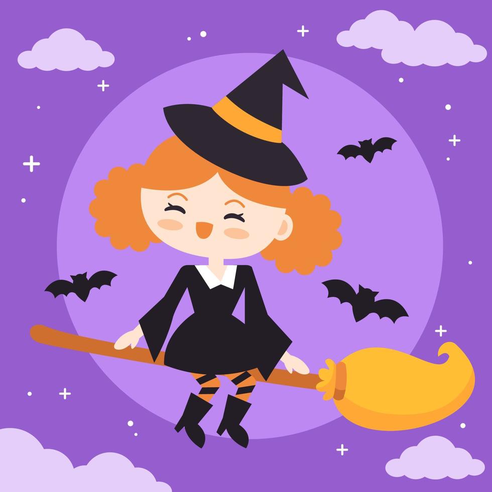 linda bruja de halloween montando una escoba volando en el cielo con luna llena. vector