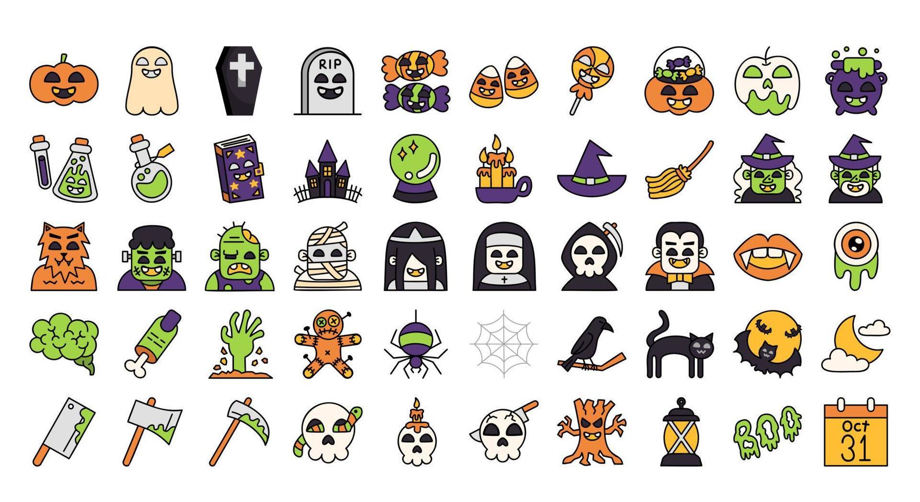 conjunto de halloween de 50 iconos de color lineal aislado sobre fondo blanco. vector