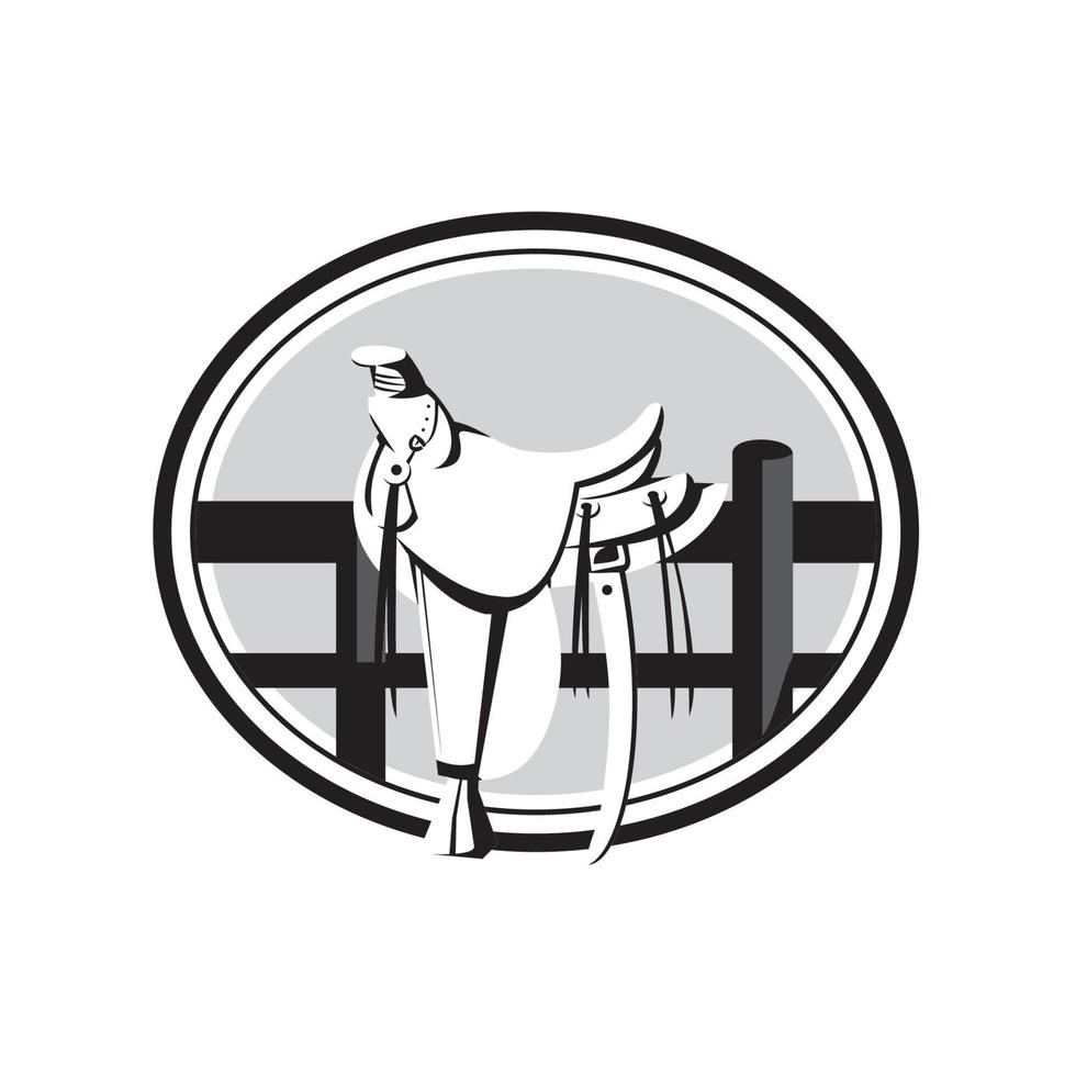 Old Style Western Saddle on Fence Oval Black and White vector