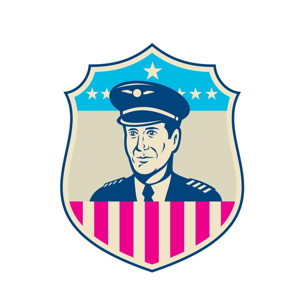 American Airline Pilot Aviator USA Flag Shield Retro vector