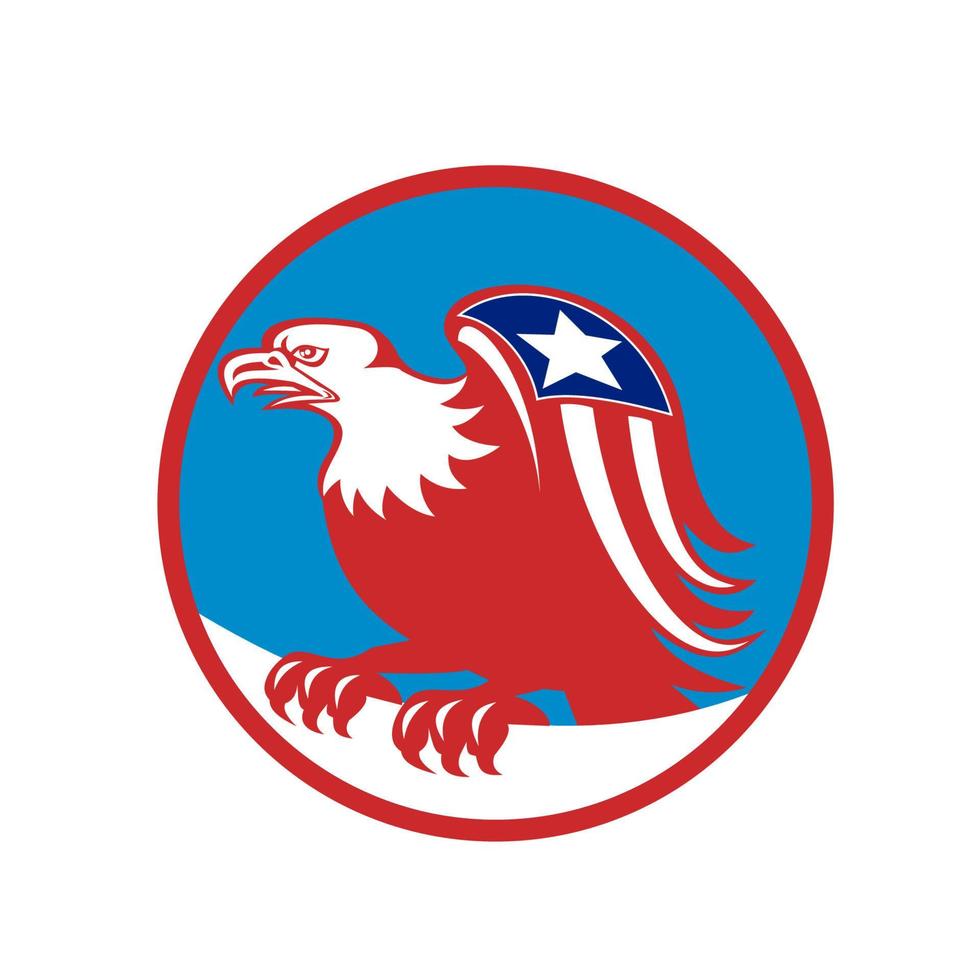 American Eagle Flag On Wing Perching Circle Retro vector