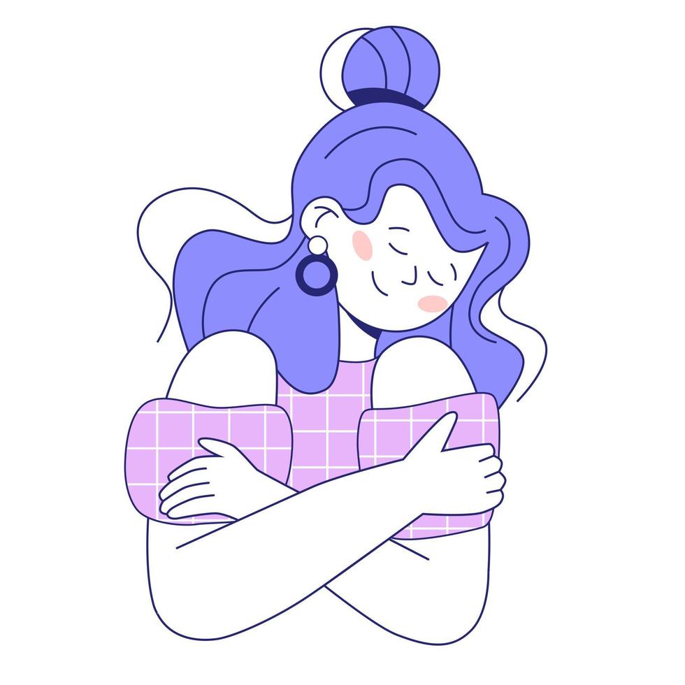 Concept of love yourself. Take care of yourself. Smiling woman hugging herself. Modern flat vector illustration.