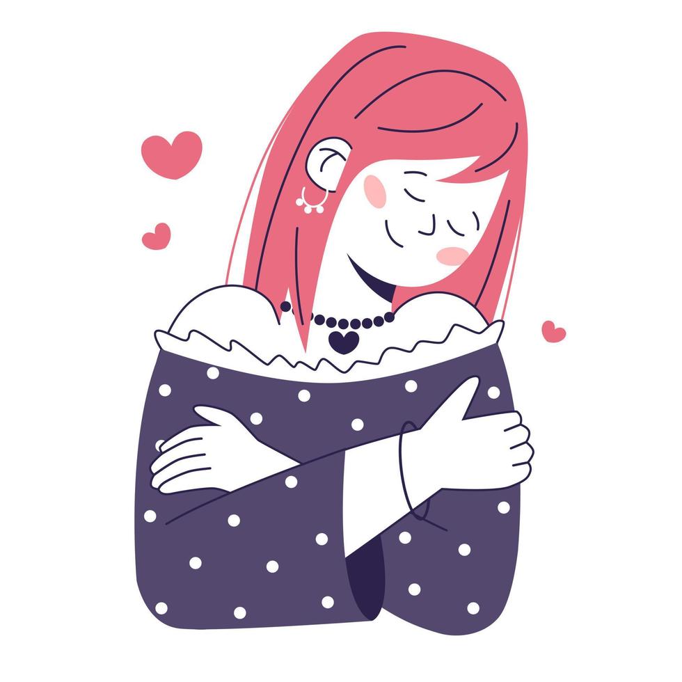 Concept of love yourself. Take care of yourself. Woman hugging herself with hearts on white background. Flat vector illustration.