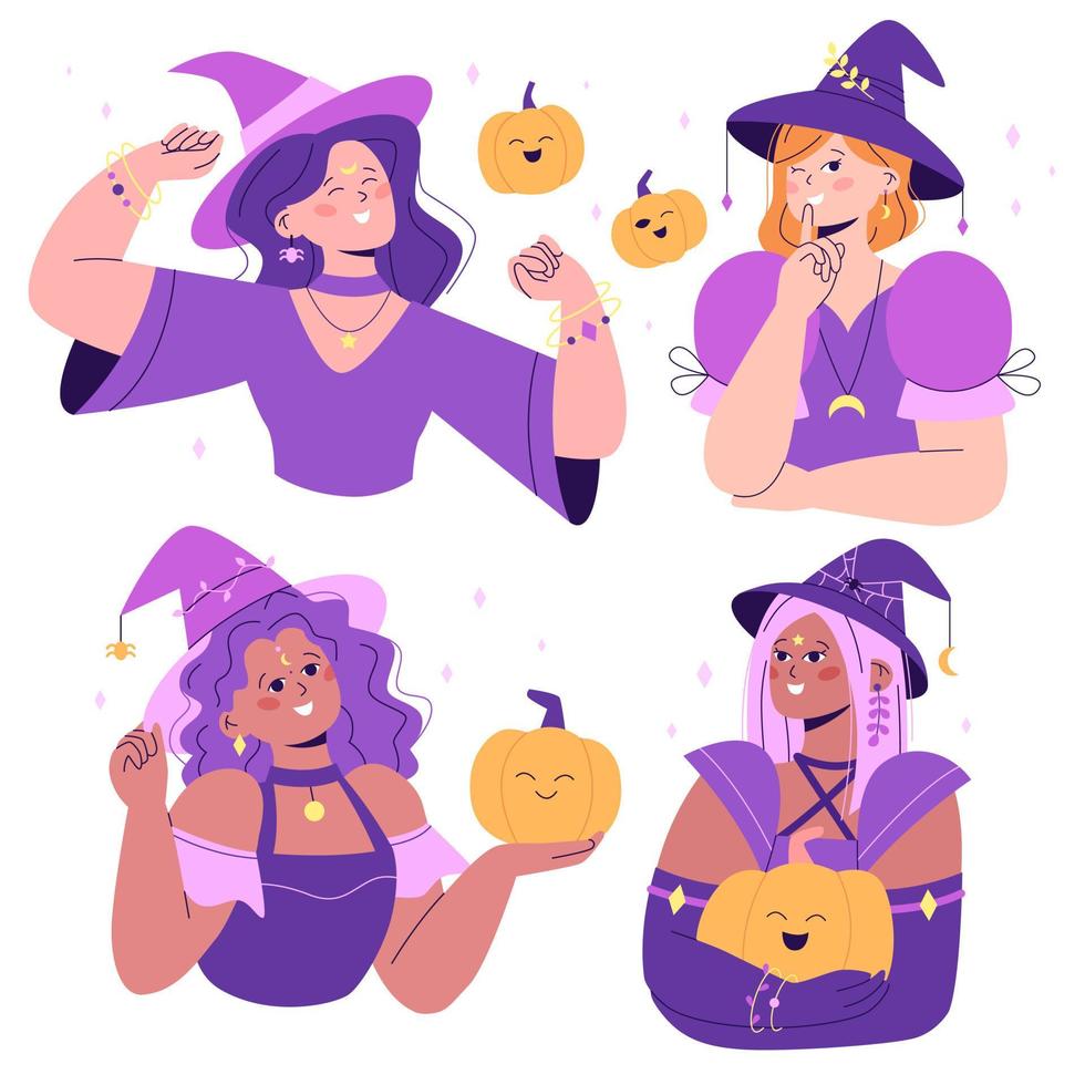 Set of women in Halloween costumes. Collection of smiling witches in different poses with pumpkins in the background. Isolated on white background. vector