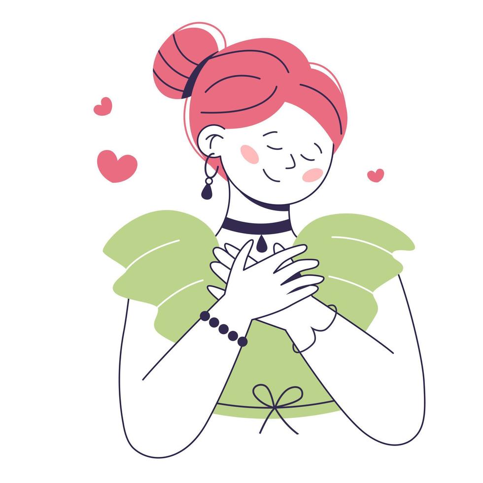 Concept of love yourself. Take care of yourself. Woman holds her hands on her chest with hearts on white background. Flat vector illustration.