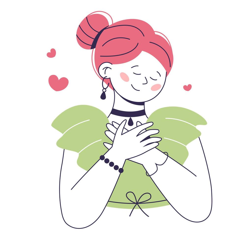 concepto de amarte a ti mismo. cuídate. mujer sostiene sus manos sobre su pecho con corazones sobre fondo blanco. ilustración vectorial plana. vector