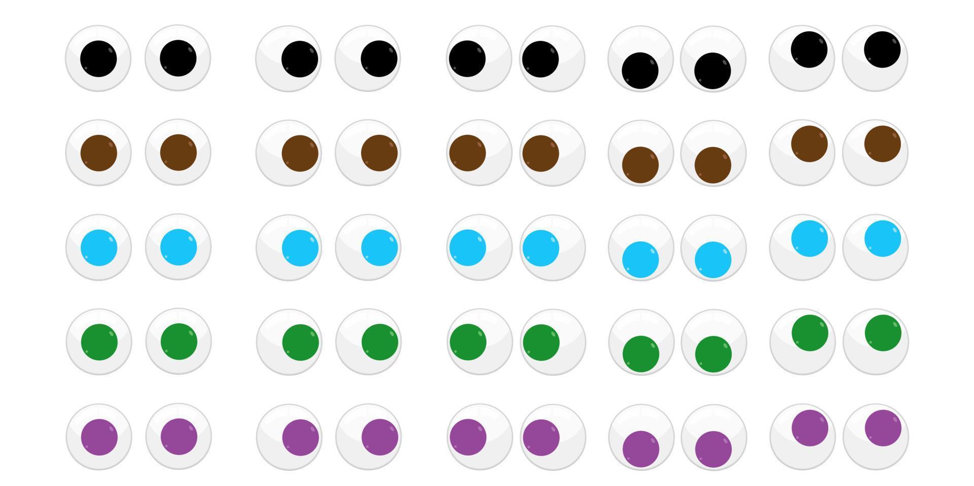 Set of googly eyes. Plastic eyes for toys and crafts. Funny eyes in five different colors. Clipart vector