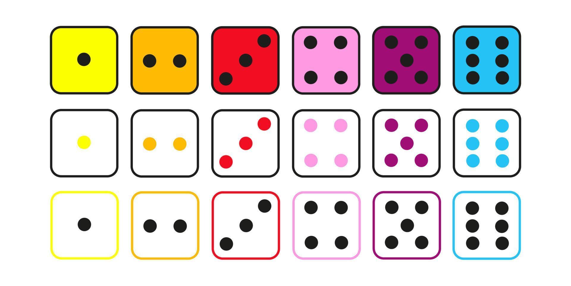 Dice faces big set. Differents styles and colors to create games and worksheets for kids. Counting activity for toddlers and preschool centers vector