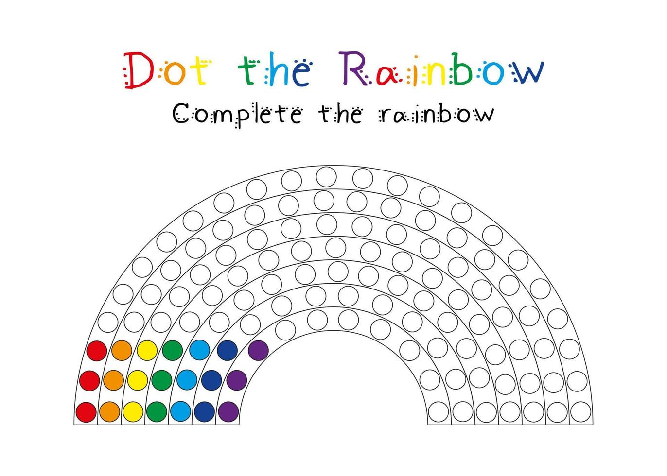 Dot the rainbow worksheet for toddler and preschool kids. Funny activity with markers or playdough. Educational game for children vector