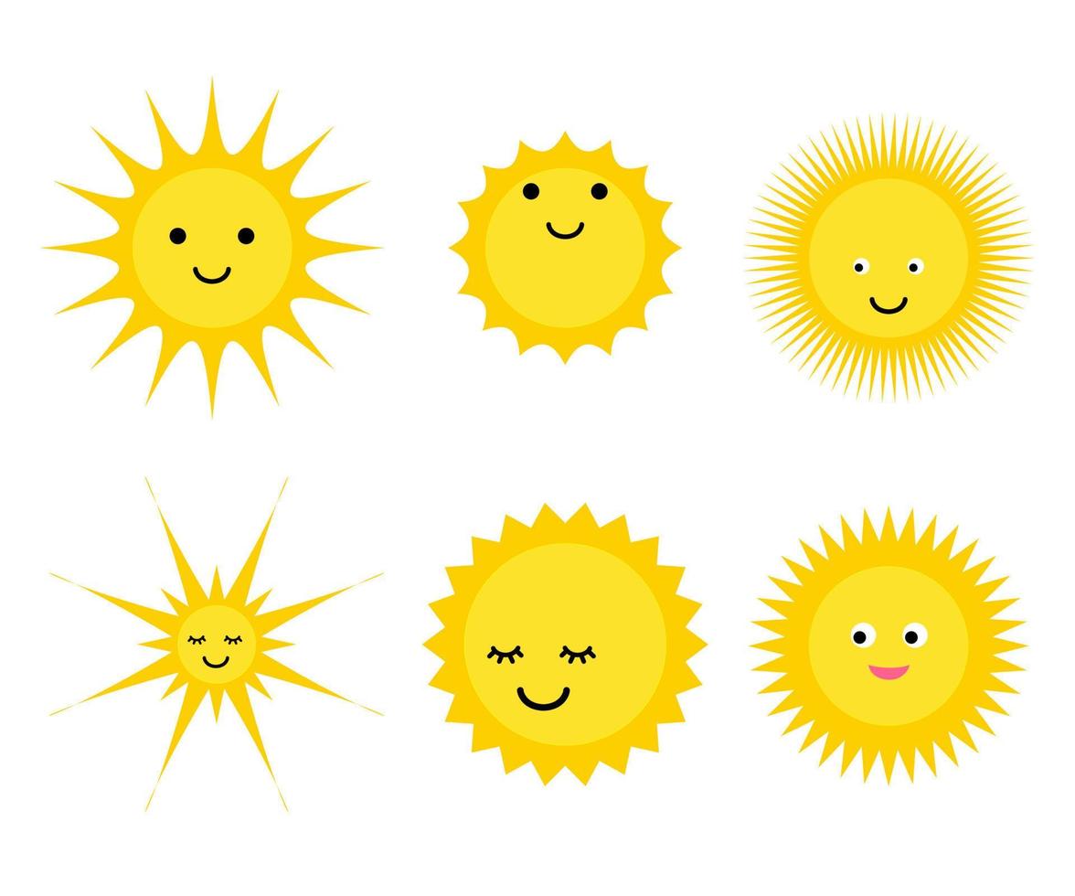 feliz puesta de sol de dibujos animados. personajes soleados. brillantes soles brillantes. luz de sol. elementos de verano lindos y kawaii vector