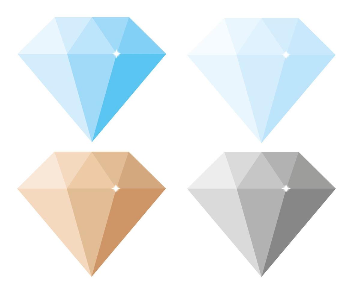 Diamond icon set. Flat design isolated on white background. Blue, gray and beige colors. Clipart vector