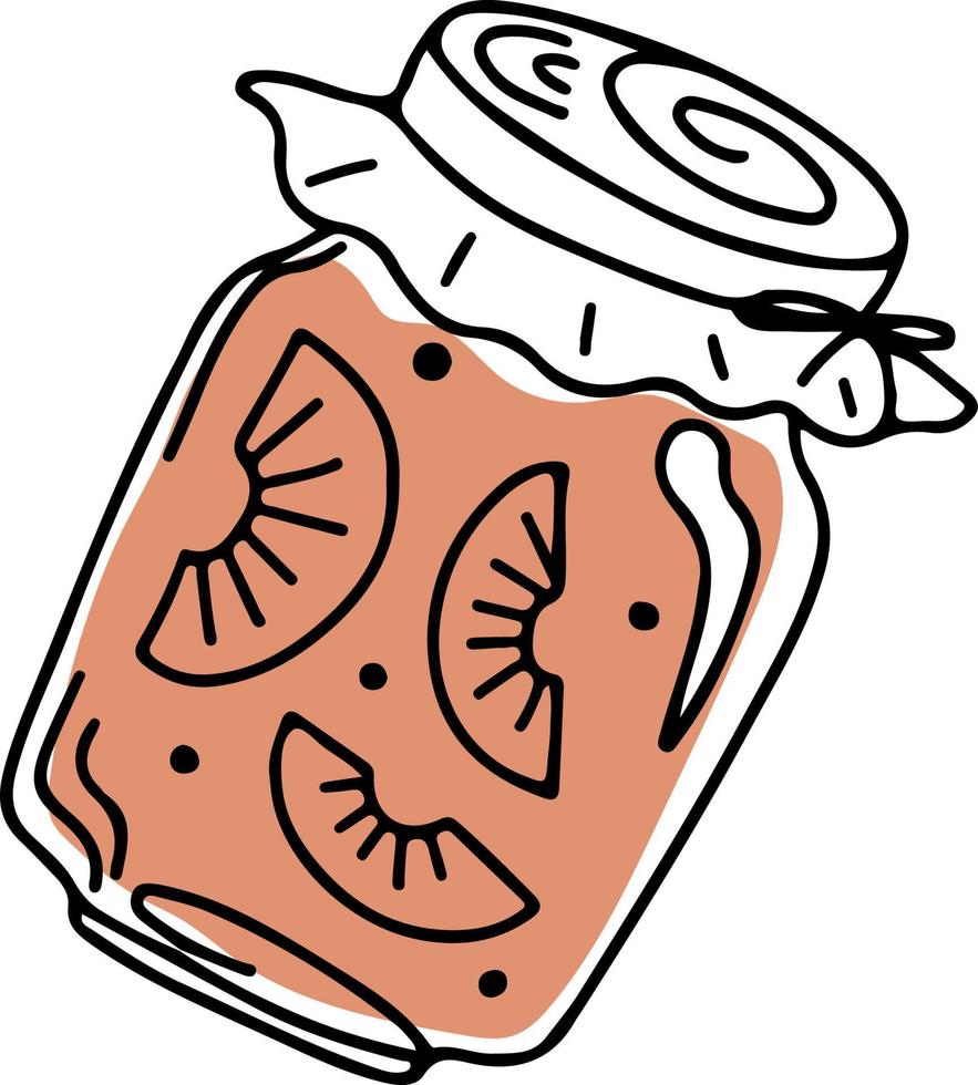 Doodle style vector jar with peach jam, isolated on white background