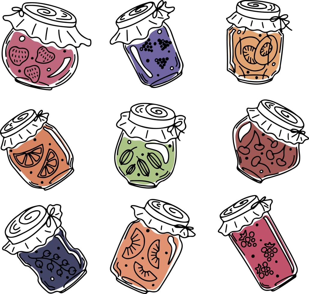 Doodle style vector jars with various fruit jam, isolated on white background