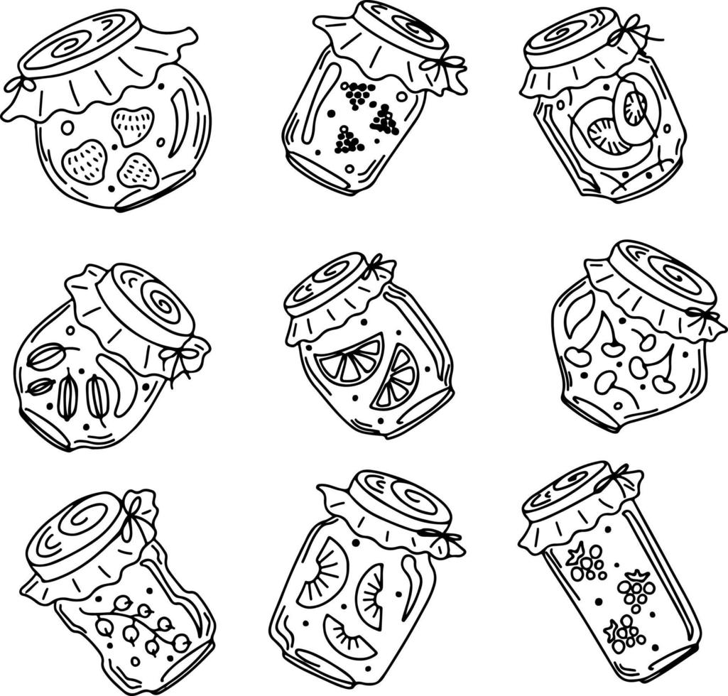 Doodle style vector jars with various fruit jam, black outline on white background