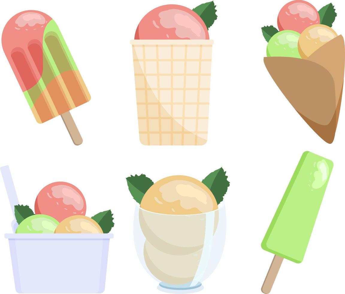 colorido conjunto de dibujos animados de varios postres de helado aislado sobre fondo blanco vector