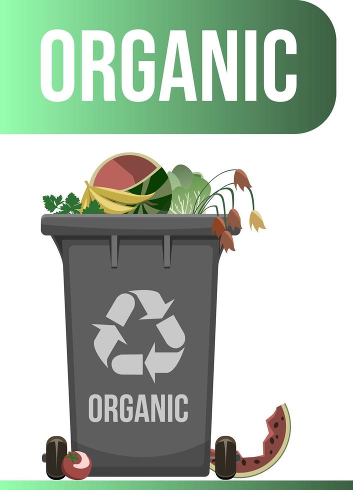 Black garbage container with separated organic waste. Waste management design template. Isolated on white background vector