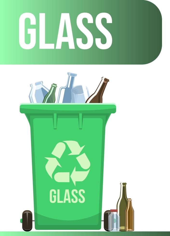 Green garbage container with separated glass waste. Waste management design template. Isolated on white background vector