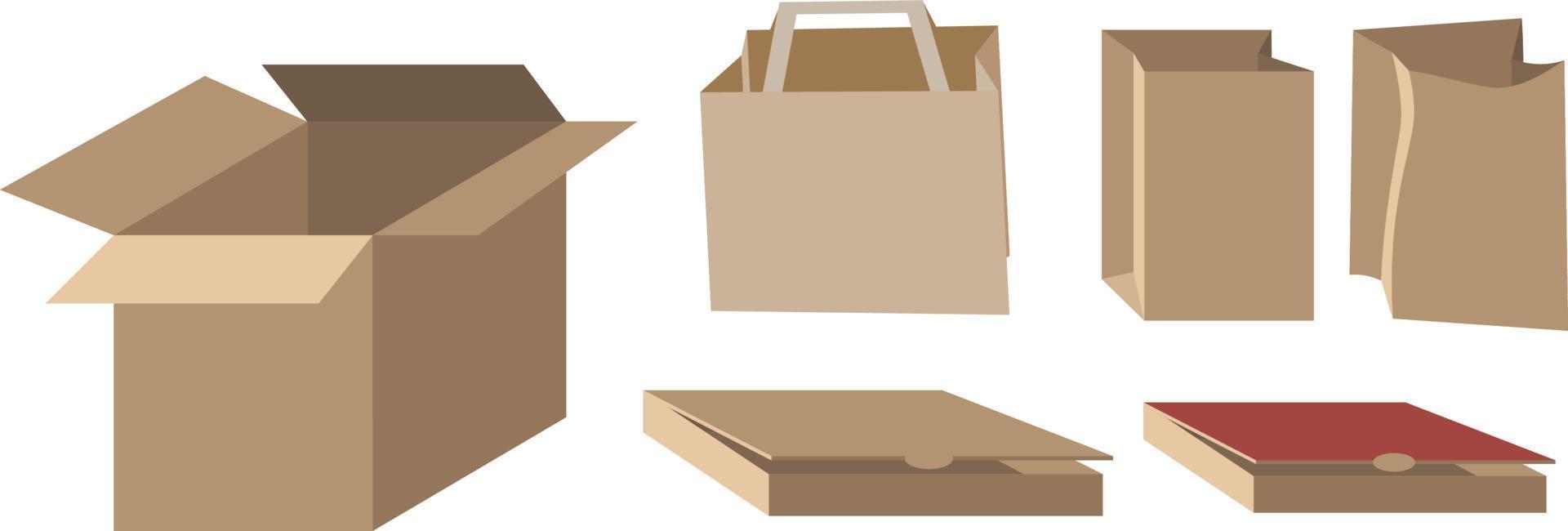 Set of various cardboard boxes, paper bags and packaging. Paper packaging, isolated on white background vector