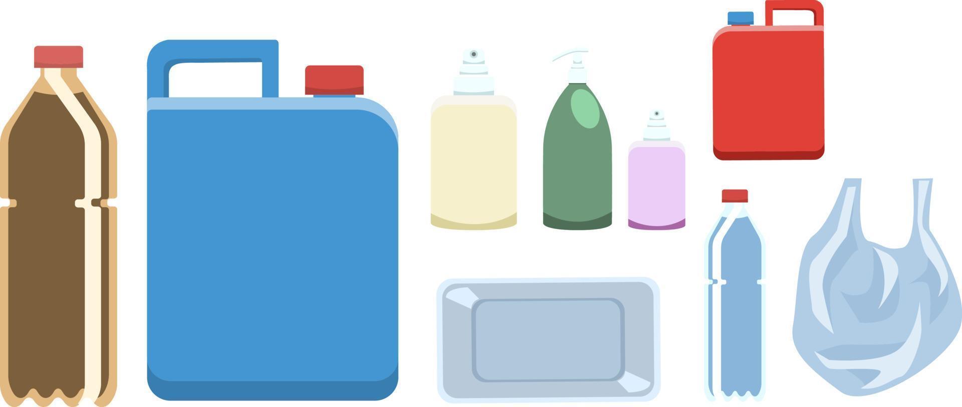 conjunto de varias botellas de plástico, contenedor y bolsa. Residuos plásticos, aislado sobre fondo blanco. vector