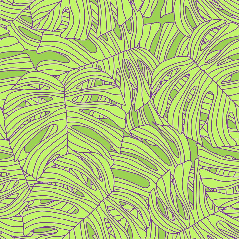 Contoured outline monstera silhouettes seamless pattern. Palm leaves endless background. Botanical wallpaper. vector