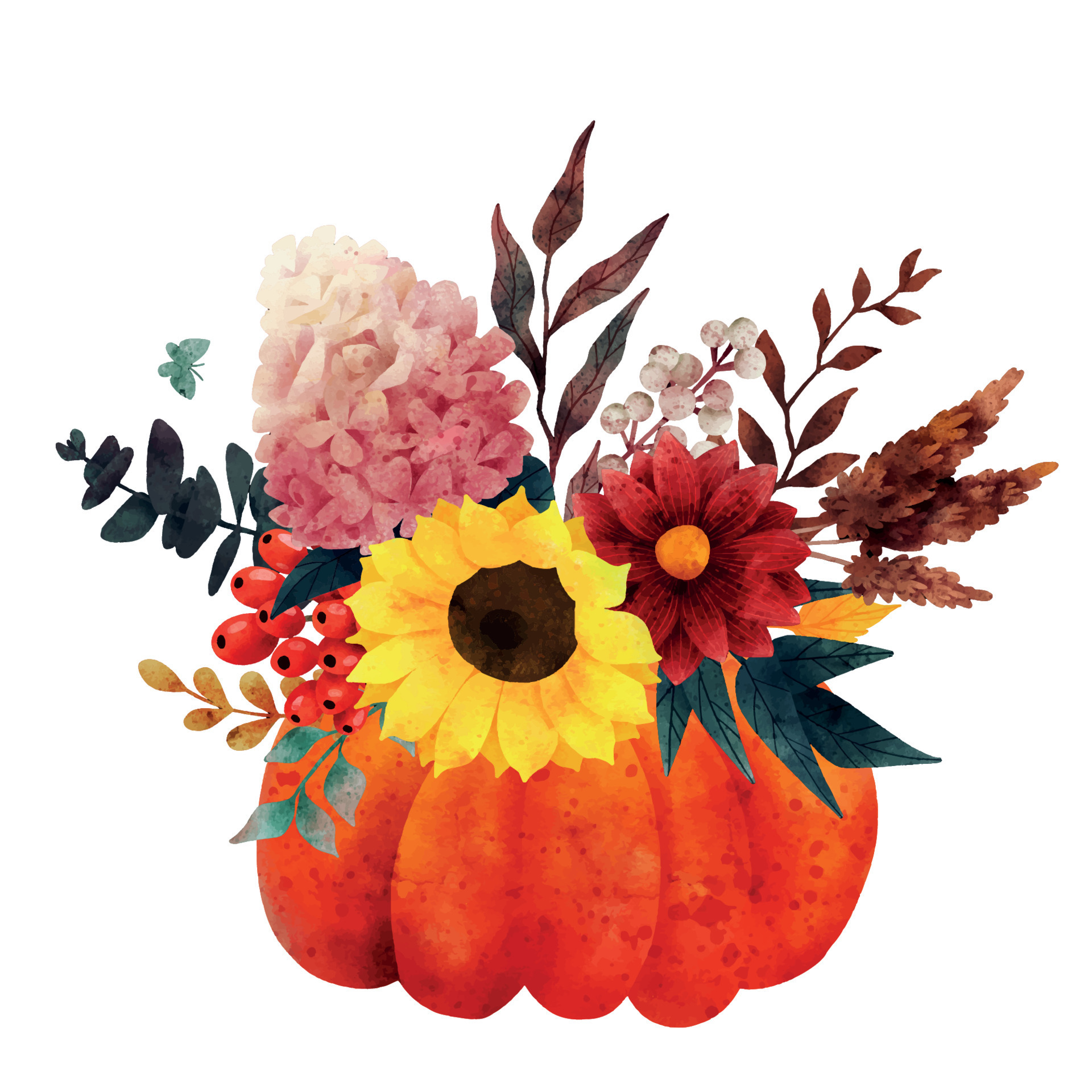 Fall bouquet with sunflower and dahlia in pumpkin vase, hand drawn