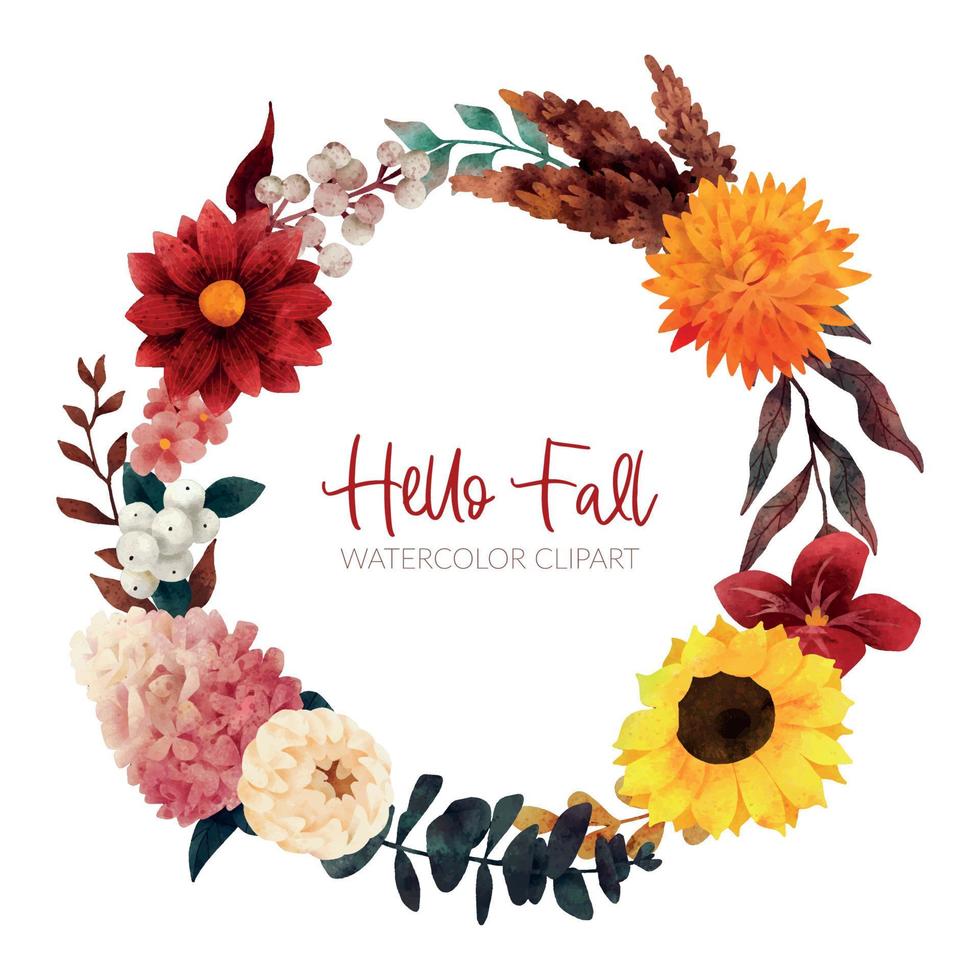 Fall floral wreath, autumn flowers and leaves, hand drawn vector watercolor illustration