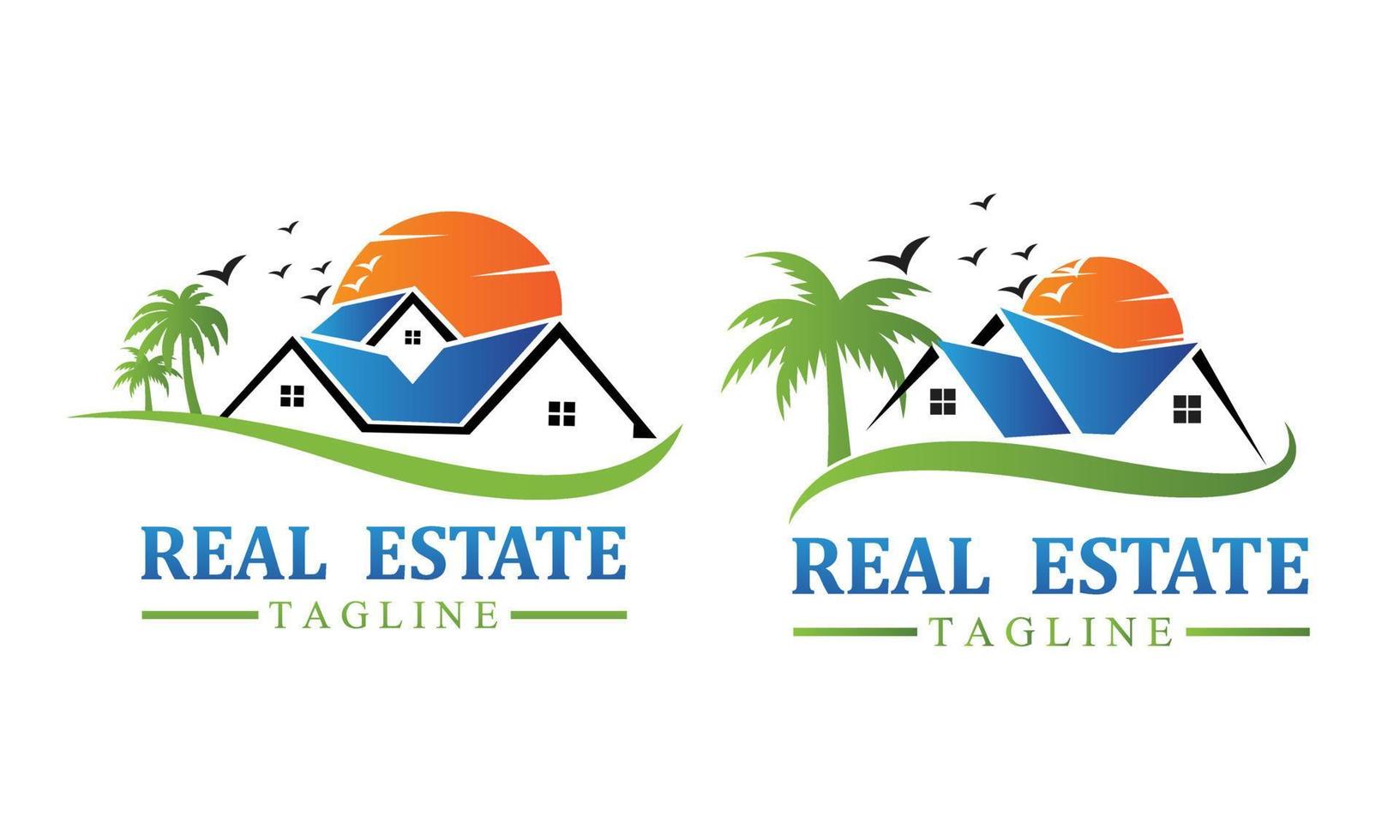 Palm tree and sunset symbol Real estate logo design vector