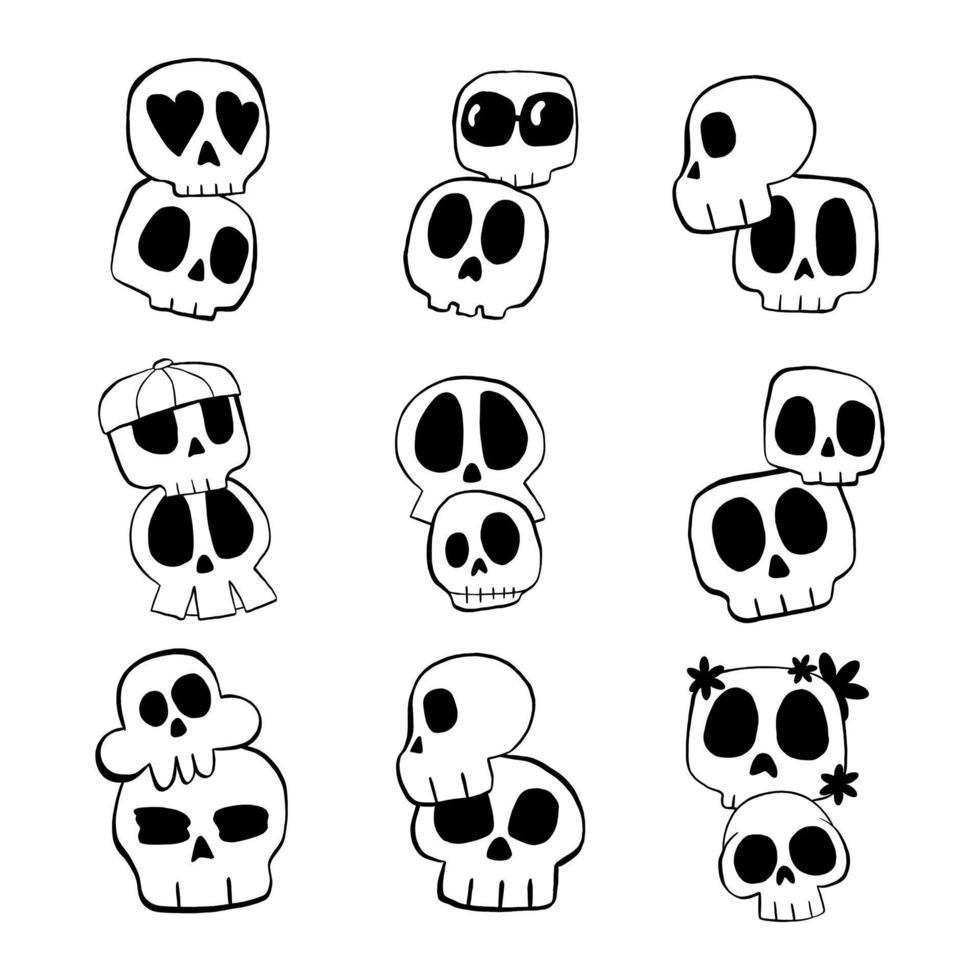 Vector illustration set of Skull cartoon line on white background.