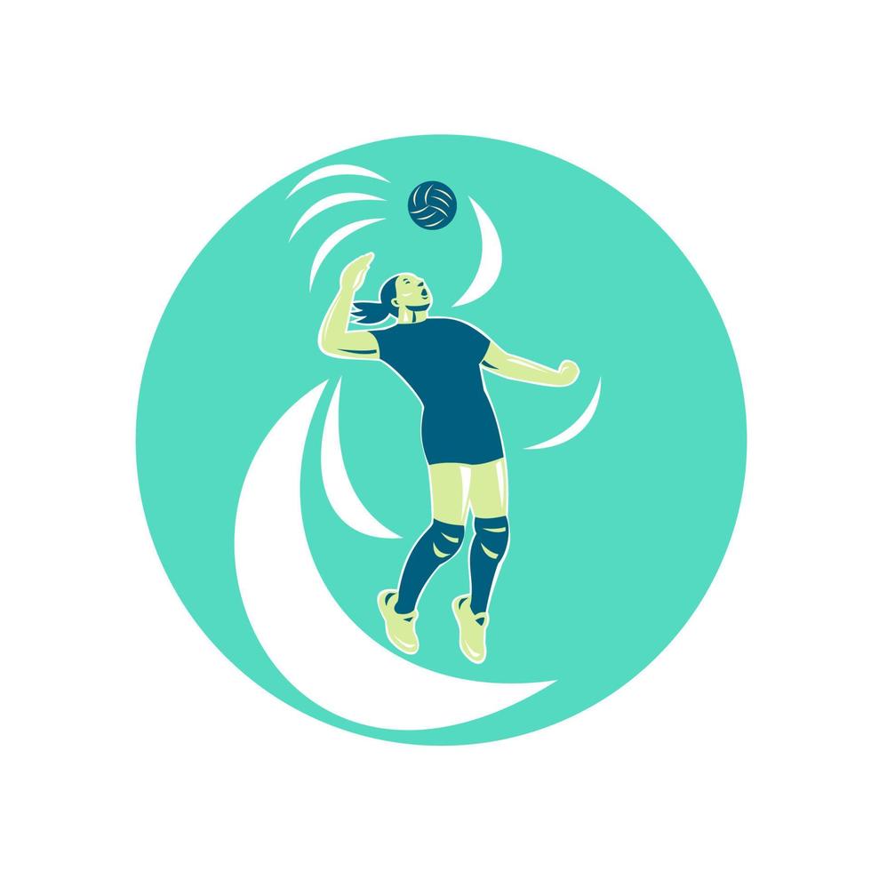 Volleyball Player Spiking High Circle Retro vector