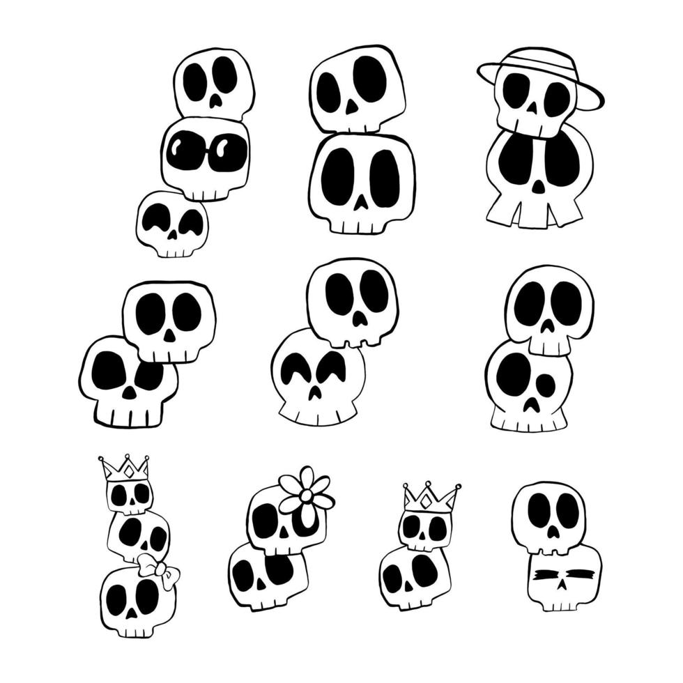 conjunto de ilustración vectorial de línea de dibujos animados de cráneo sobre fondo blanco. vector