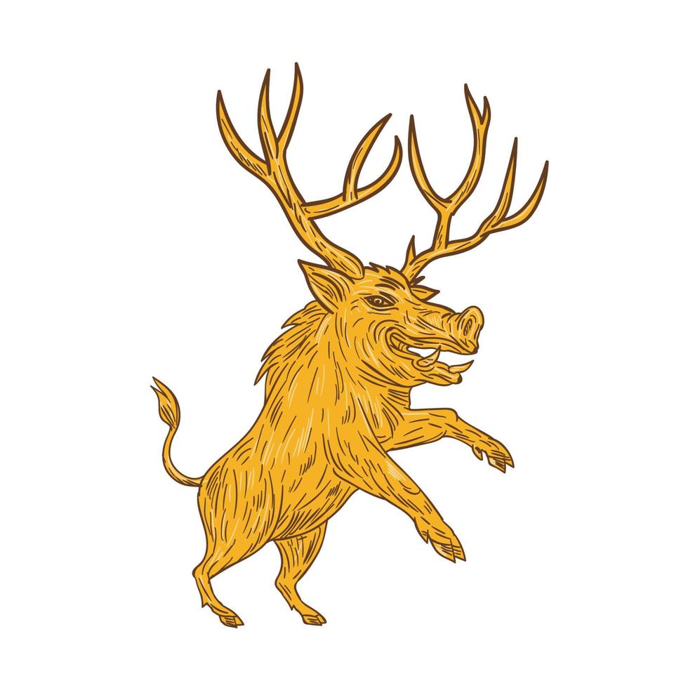 Wild Boar Razorback With Antlers Prancing Drawing vector