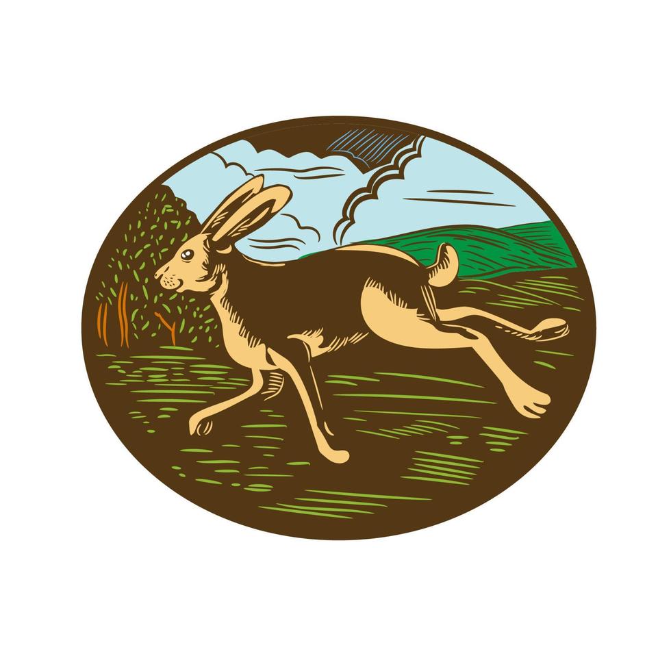 Wild Hare Rabbit Running Oval Woodcut vector