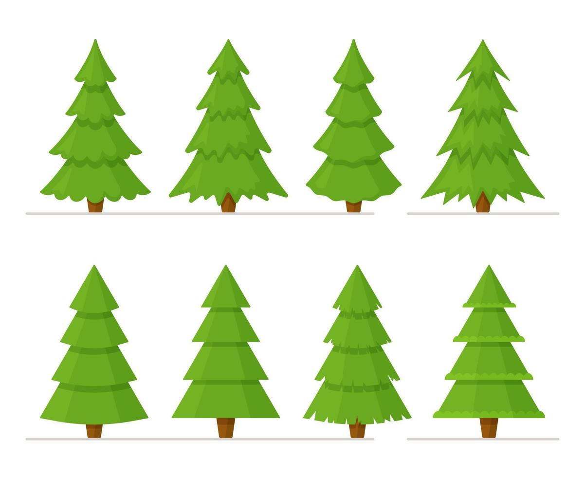 ilustración vectorial de un conjunto de árboles de navidad verdes aislados en un fondo blanco. vector