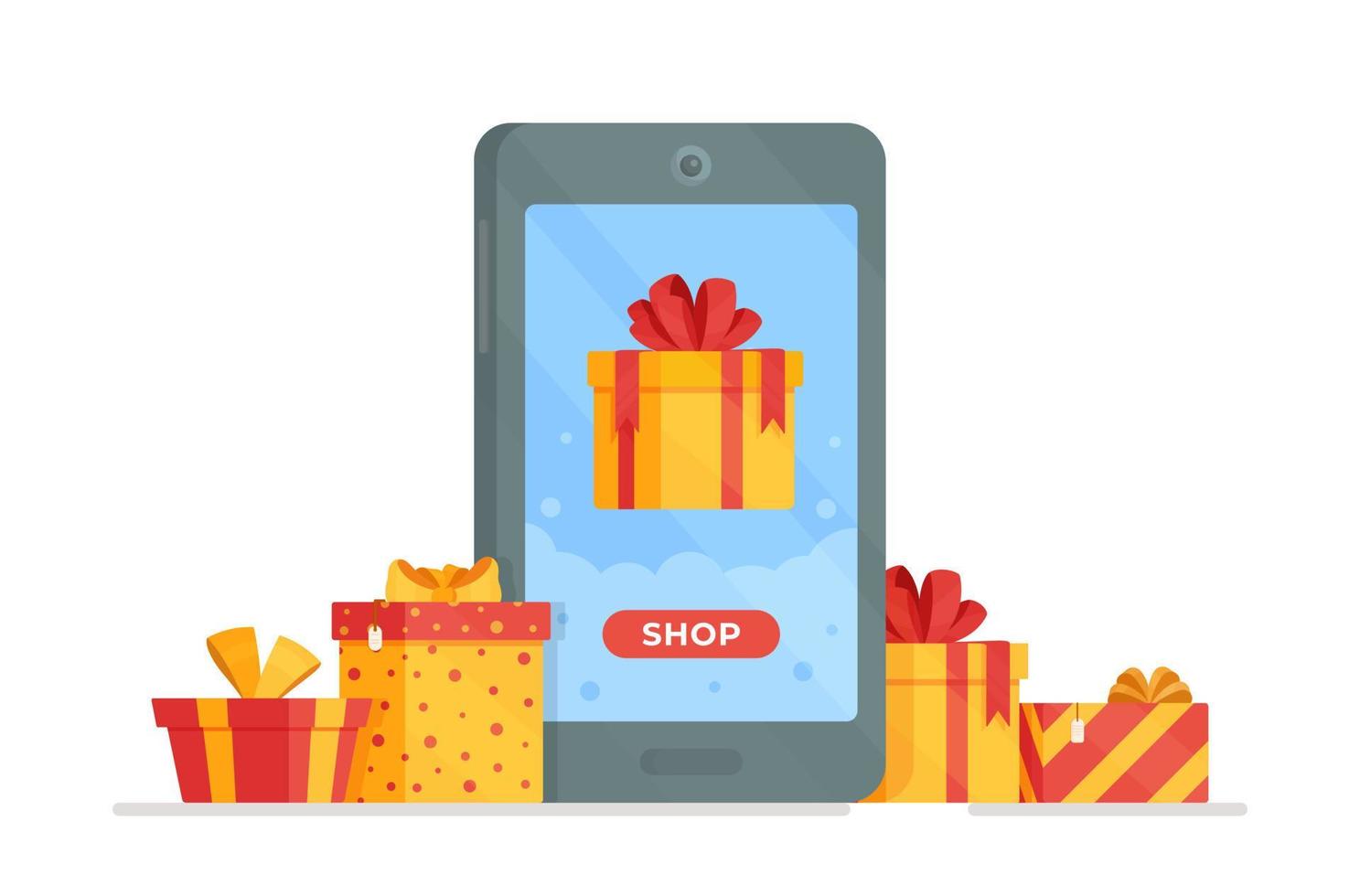 Vector illustration of christmas sale. Buying gifts online.