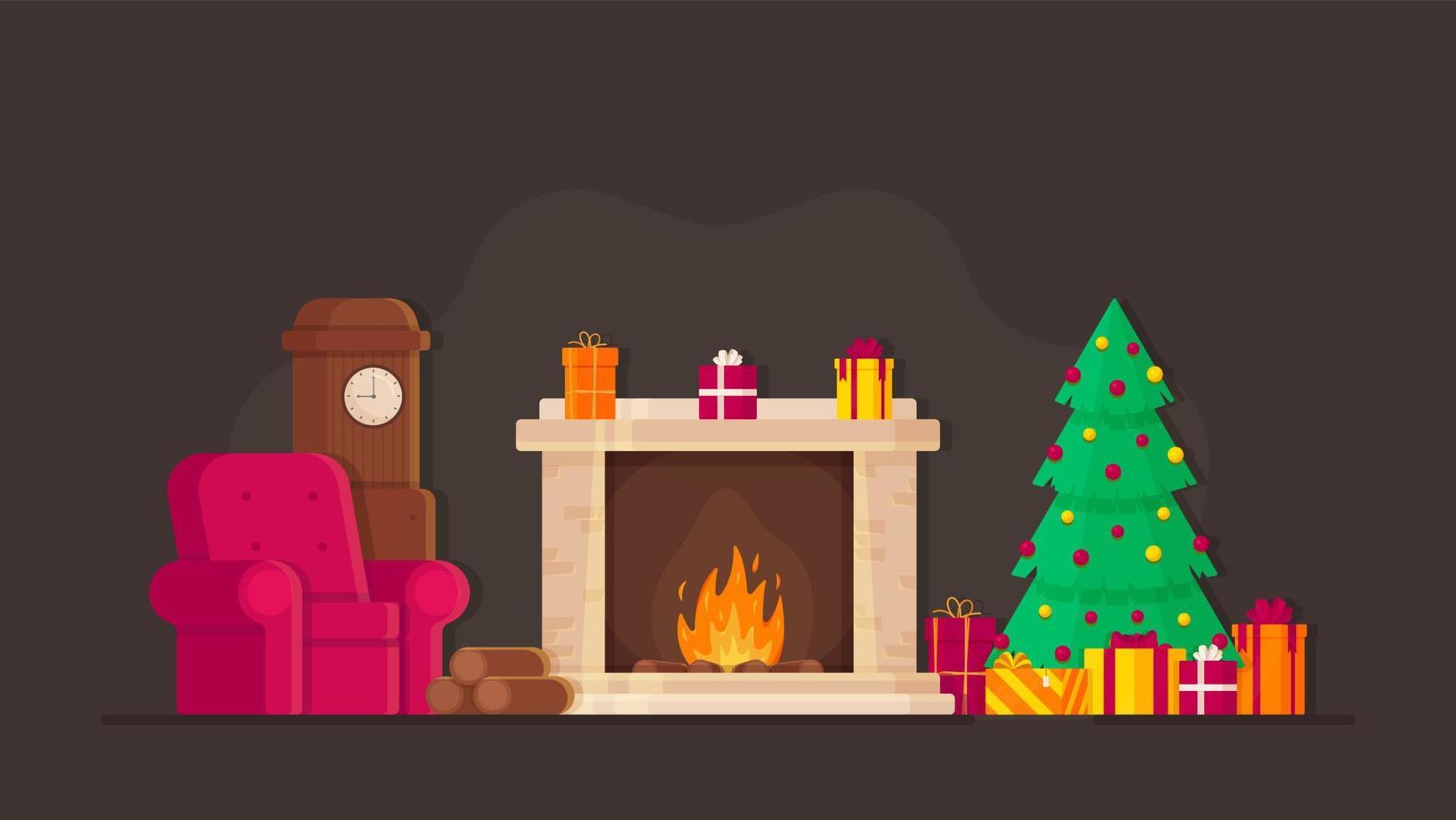 Vector illustration of a Christmas room. Warming by the fireplace.