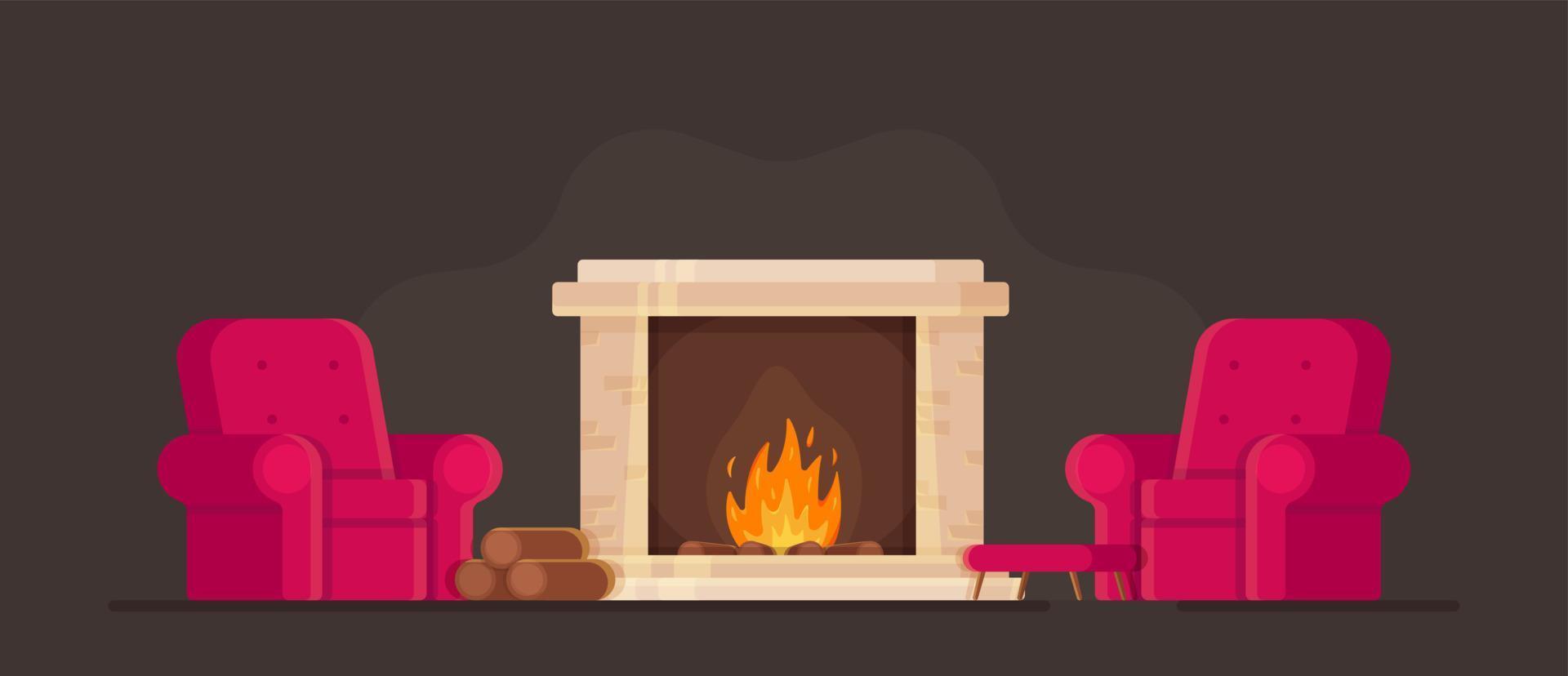 ilustración vectorial del concepto de una habitación acogedora con chimenea y sillones. tomar el sol junto a la chimenea en la estación fría. vector