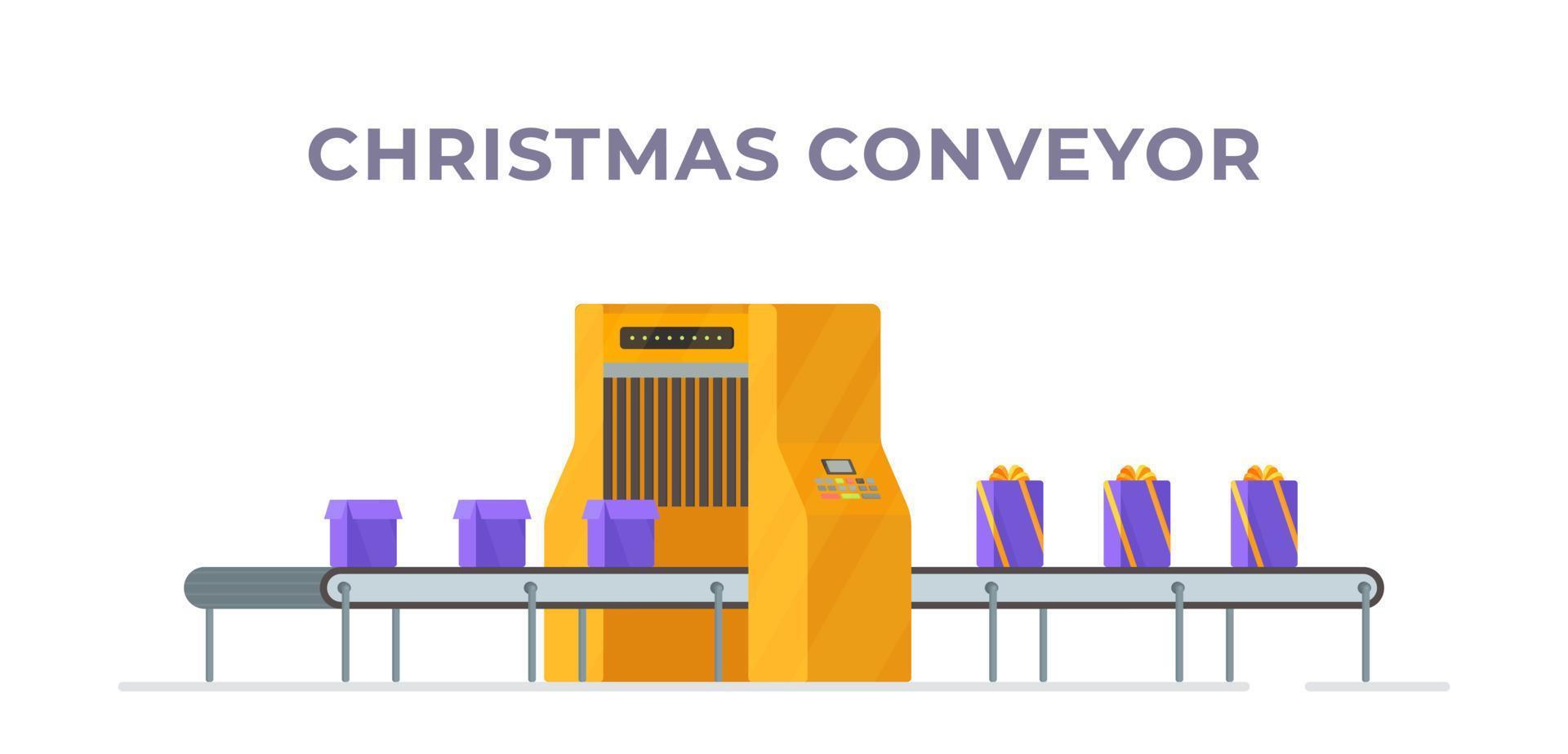 The vector illustration of christmas conveyor. Machine for assembling presents at work.