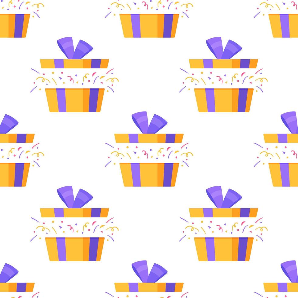 Vector illustration of box confetti pattern. Gift wrapping paper. Seamless drawing of gifts for the New Year.